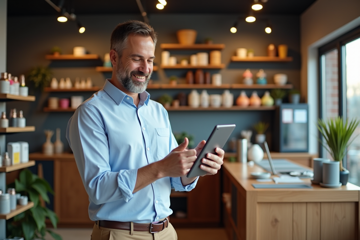 Responsable de magasin vérifiant les analyses sur une tablette