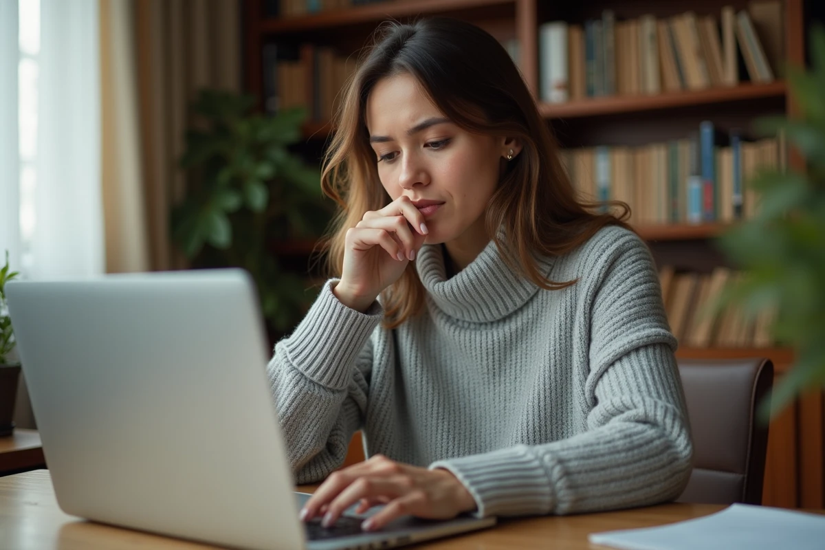 Femme consultant la sécurité de ses photos sur Google Photos depuis un ordinateur portable à la maison