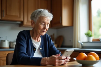 Une femme senior aux cheveux argentés utilise un smartphone Google Pixel 8a dans sa cuisine, illustrant la simplicité d'utilisation pour les personnes âgées