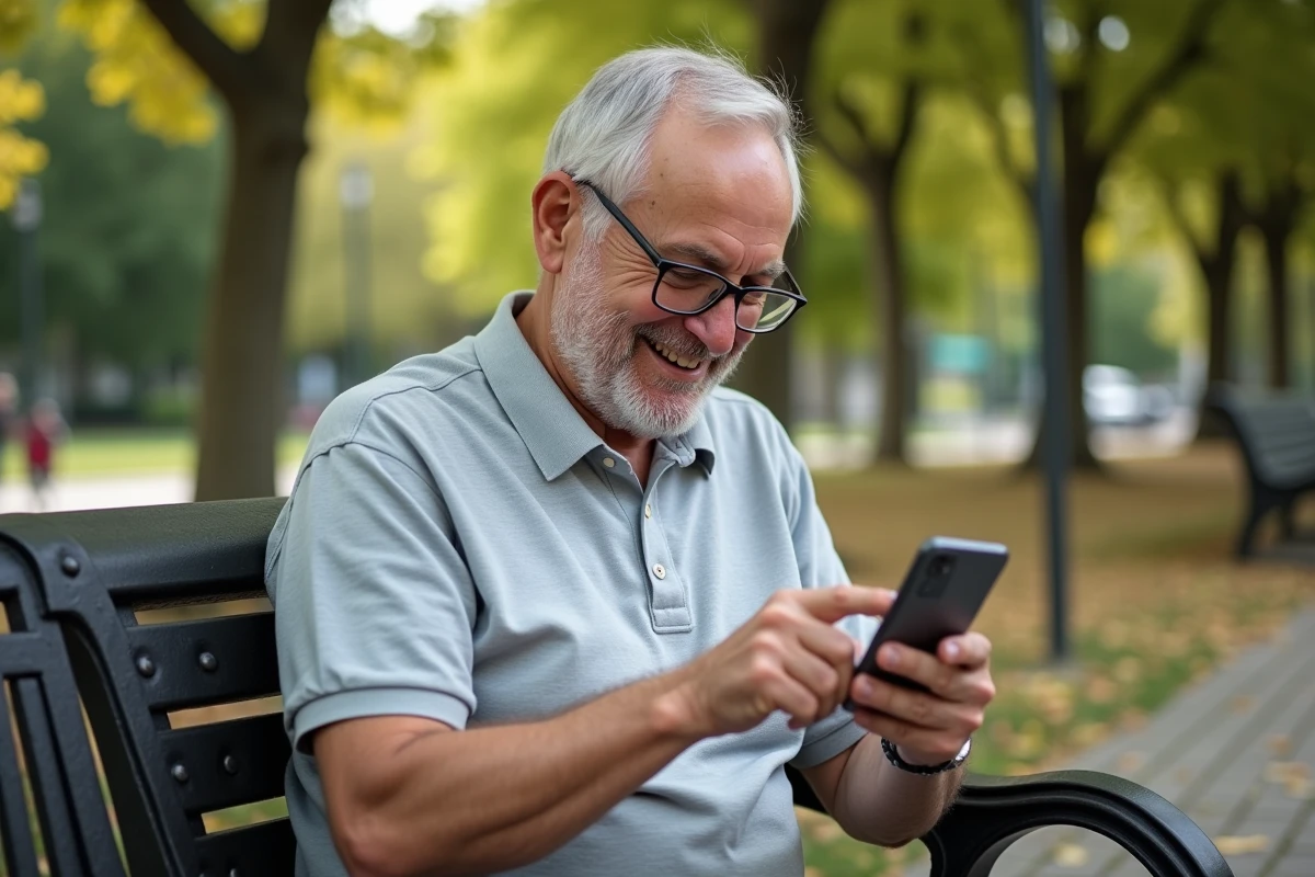 Un homme senior souriant utilise un Google Pixel 8a assis sur un banc de parc, symbolisant l'autonomie numérique des personnes âgées en extérieur
