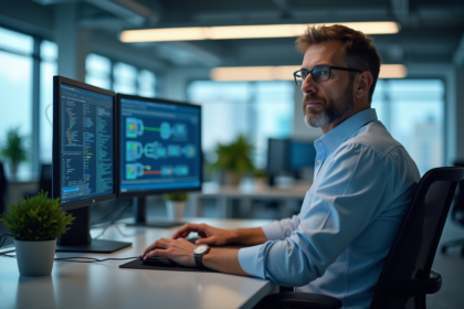 Homme en chemise bleue configure des machines virtuelles dans un bureau moderne