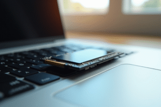 SSD mSATA sur clavier d'ordinateur moderne en lumière naturelle