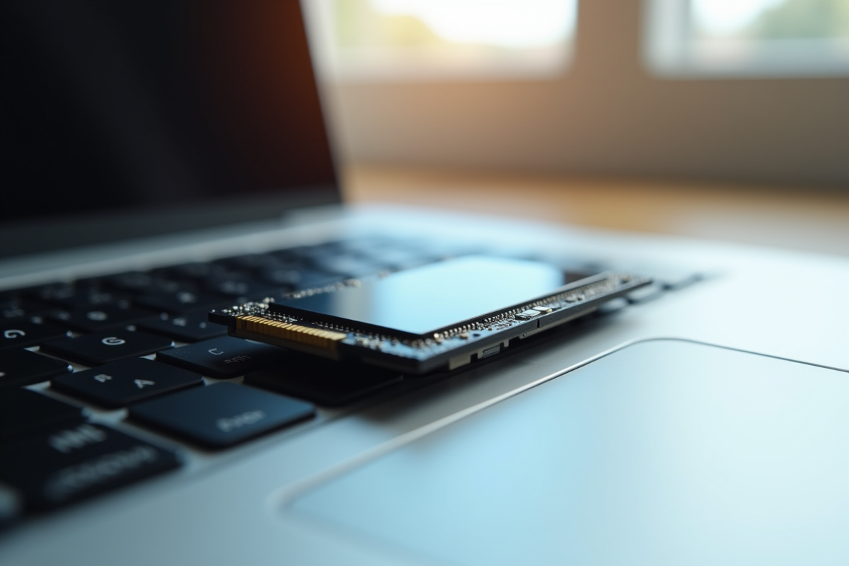SSD mSATA sur clavier d'ordinateur moderne en lumière naturelle