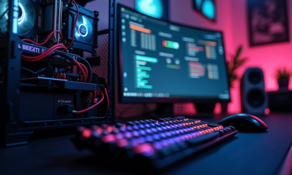 Poste de travail avec PC ouvert et logiciel de benchmark