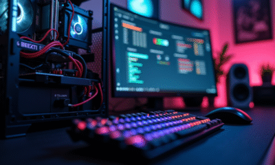 Poste de travail avec PC ouvert et logiciel de benchmark
