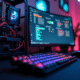 Poste de travail avec PC ouvert et logiciel de benchmark