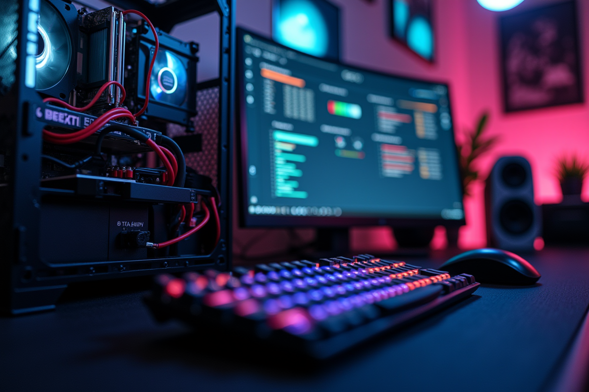 Poste de travail avec PC ouvert et logiciel de benchmark