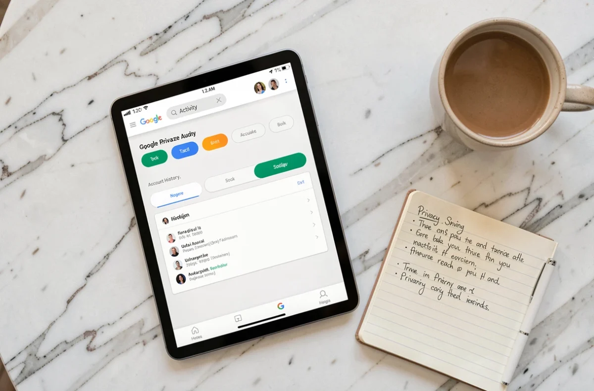Vue aérienne d'une tablette affichant le tableau de bord Mon Activité Google posée sur un bureau en marbre avec des notes sur la confidentialité