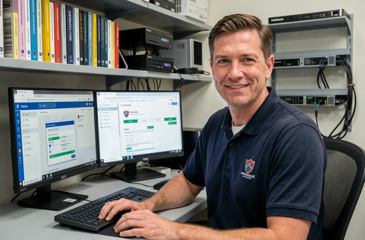 Technicien informatique universitaire diagnostiquant un problème d'accès au webmail sur un poste de support technique