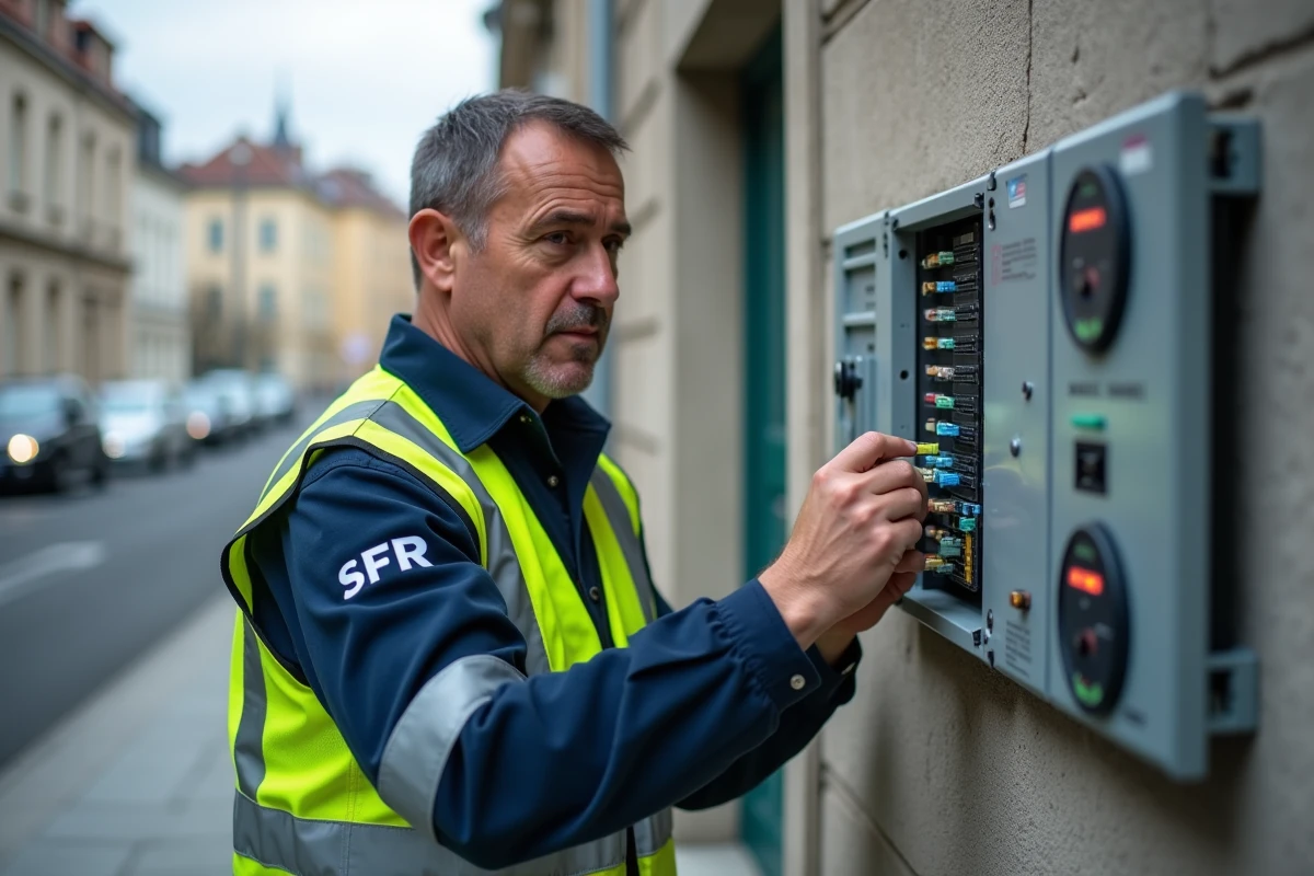 Technicien SFR intervenant sur un boîtier de distribution fibre optique en extérieur dans une rue urbaine