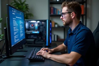 Technicien appuyant sur la touche Suppr pour accéder au BIOS AORUS sur un PC de bureau