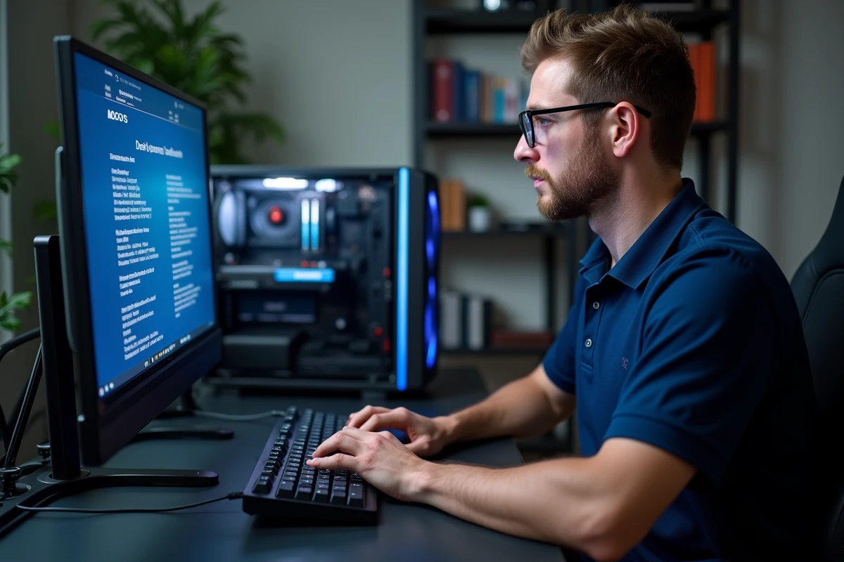 Technicien appuyant sur la touche Suppr pour accéder au BIOS AORUS sur un PC de bureau
