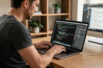 Développeur utilisant le terminal Mac avec des commandes pipe pour optimiser son flux de travail en ligne de commande
