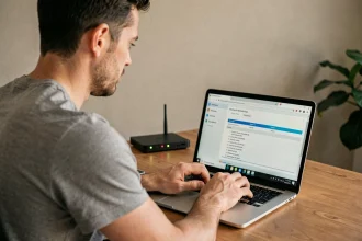 Homme consultant les paramètres réseau sur un ordinateur portable pour trouver l'adresse IP de son routeur