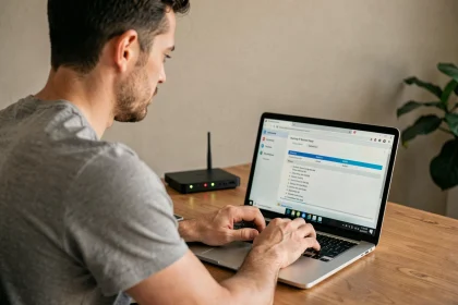 Homme consultant les paramètres réseau sur un ordinateur portable pour trouver l'adresse IP de son routeur