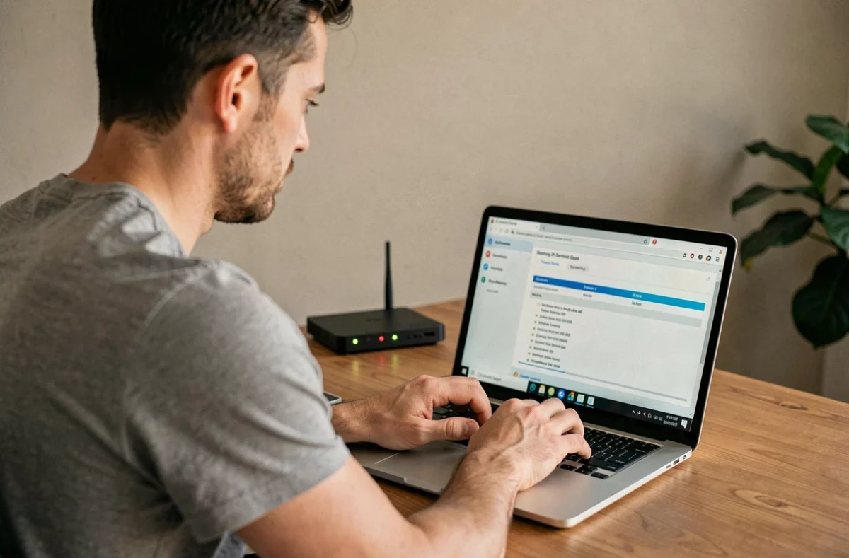 Homme consultant les paramètres réseau sur un ordinateur portable pour trouver l'adresse IP de son routeur