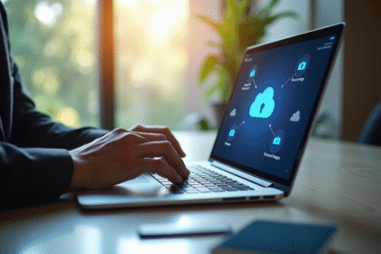 Personne utilisant un ordinateur portable pour télécharger des documents dans le cloud avec icônes de sécurité