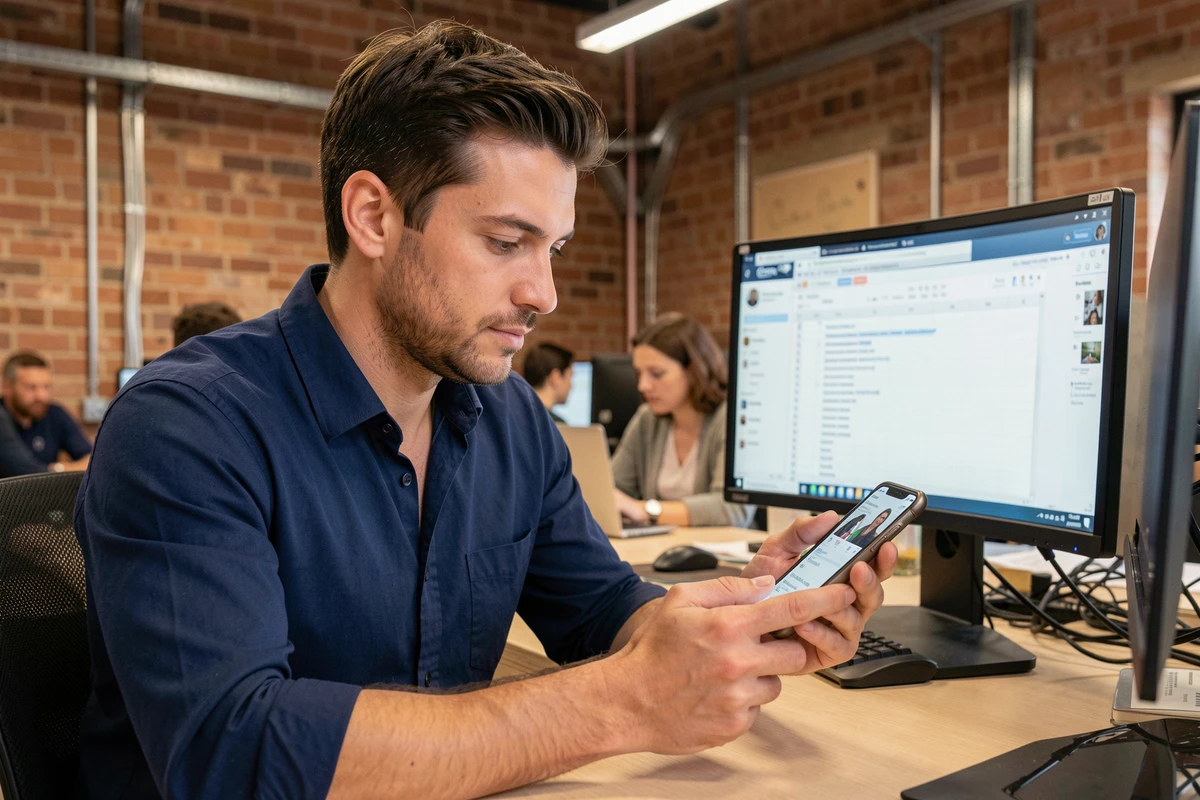 Homme effectuant une veille discrète sur un compte Instagram professionnel depuis un espace de coworking avec smartphone