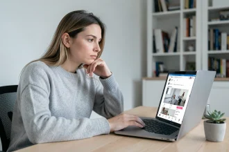 Femme analysant le compte Instagram d'une entreprise sur son ordinateur portable depuis un bureau minimaliste à domicile
