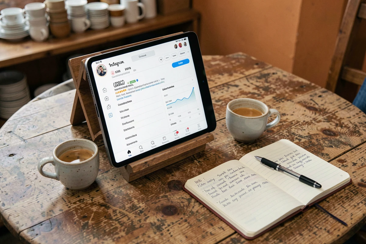 Tablette affichant un profil Instagram d'entreprise posée sur une table de café avec carnet de notes pour une veille concurrentielle