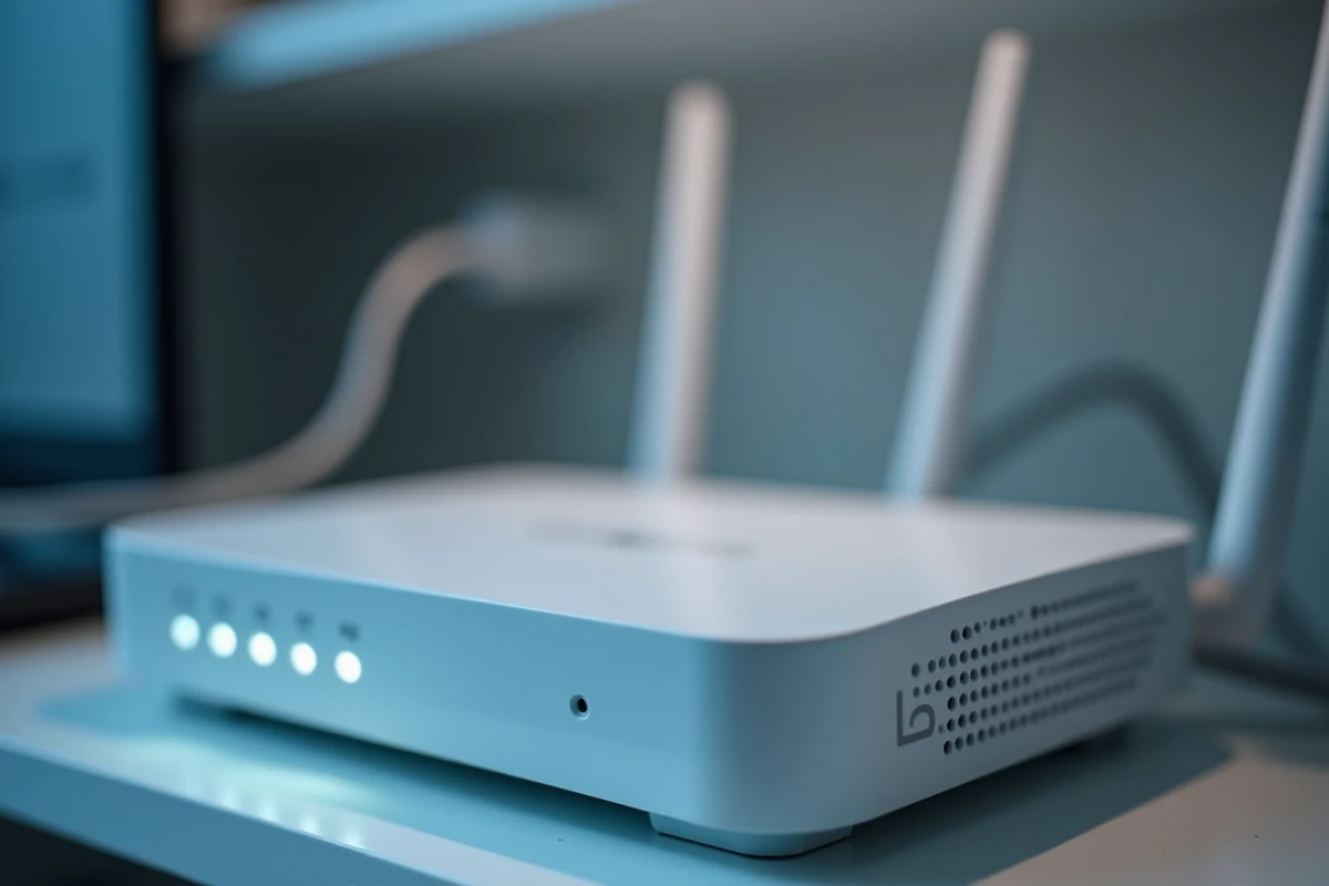 Gros plan sur le voyant blanc clignotant d'une Livebox après un orage ou une panne de courant
