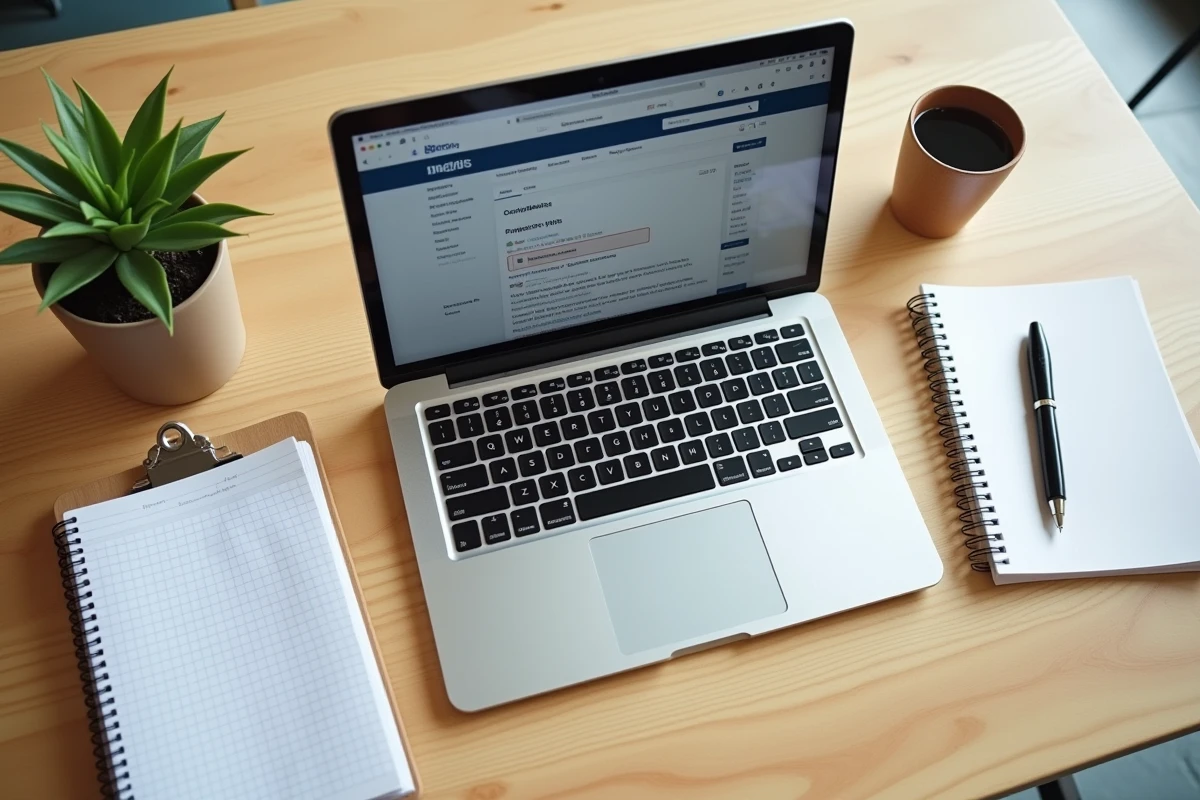 Vue aérienne d'un ordinateur portable affichant Zimbra Caen avec notes de cours et agenda étudiant